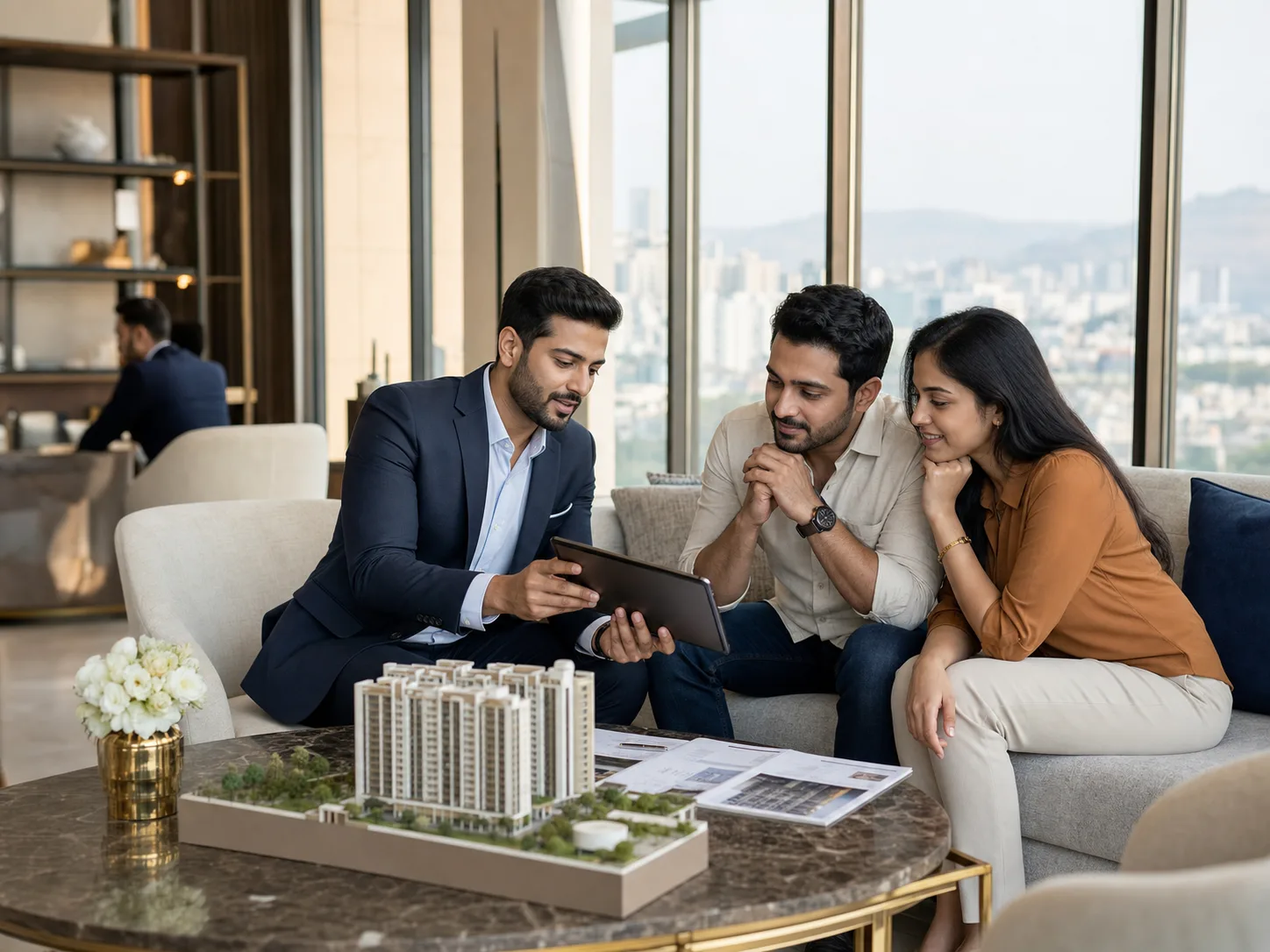 Property advisor discussing price negotiation with buyers